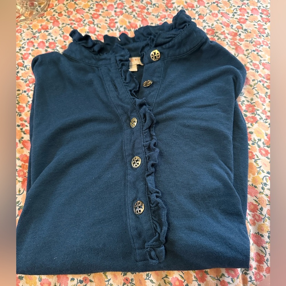 Tory Burch dark teal blouse with cream label